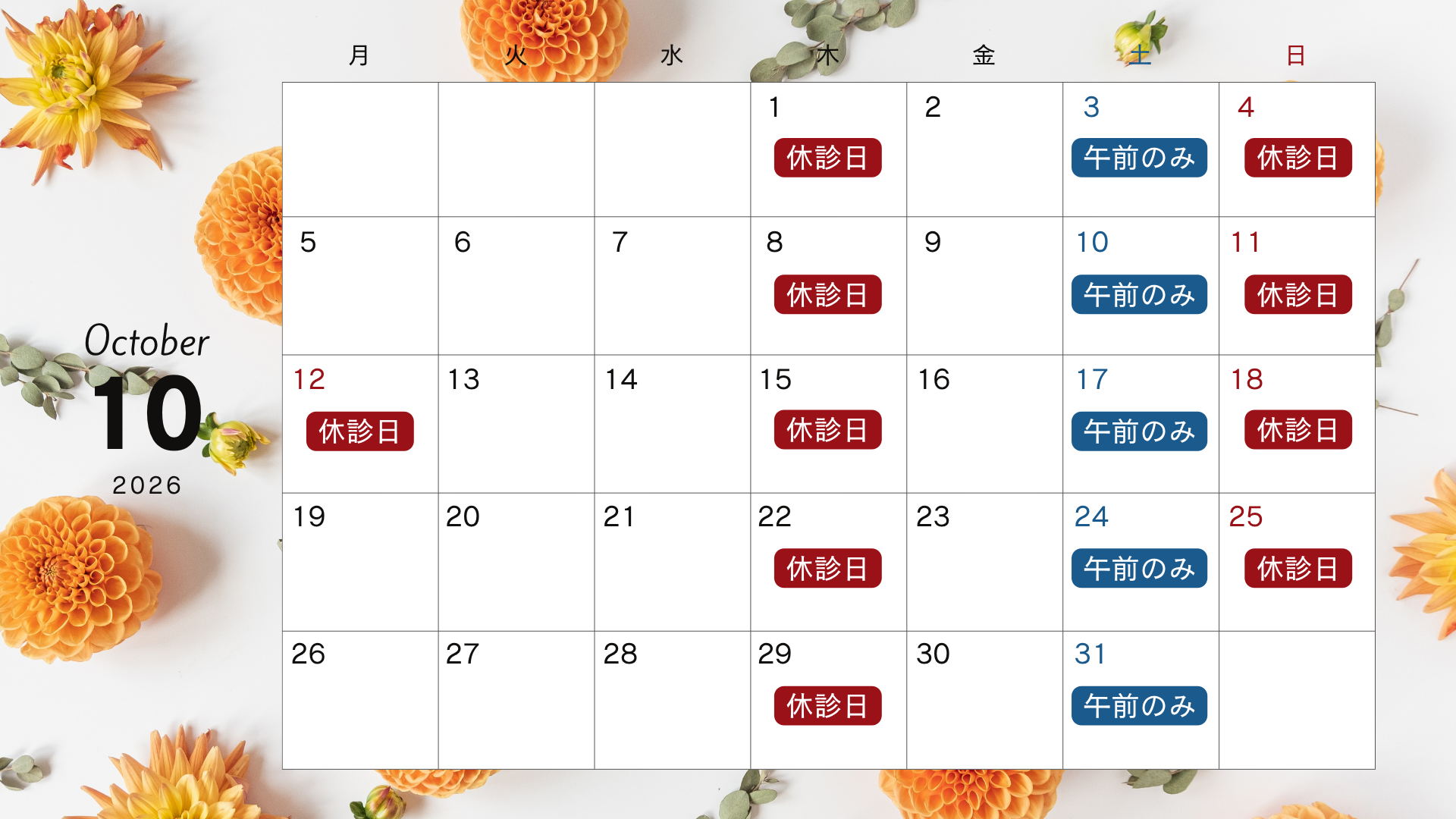 2026年10月診療日